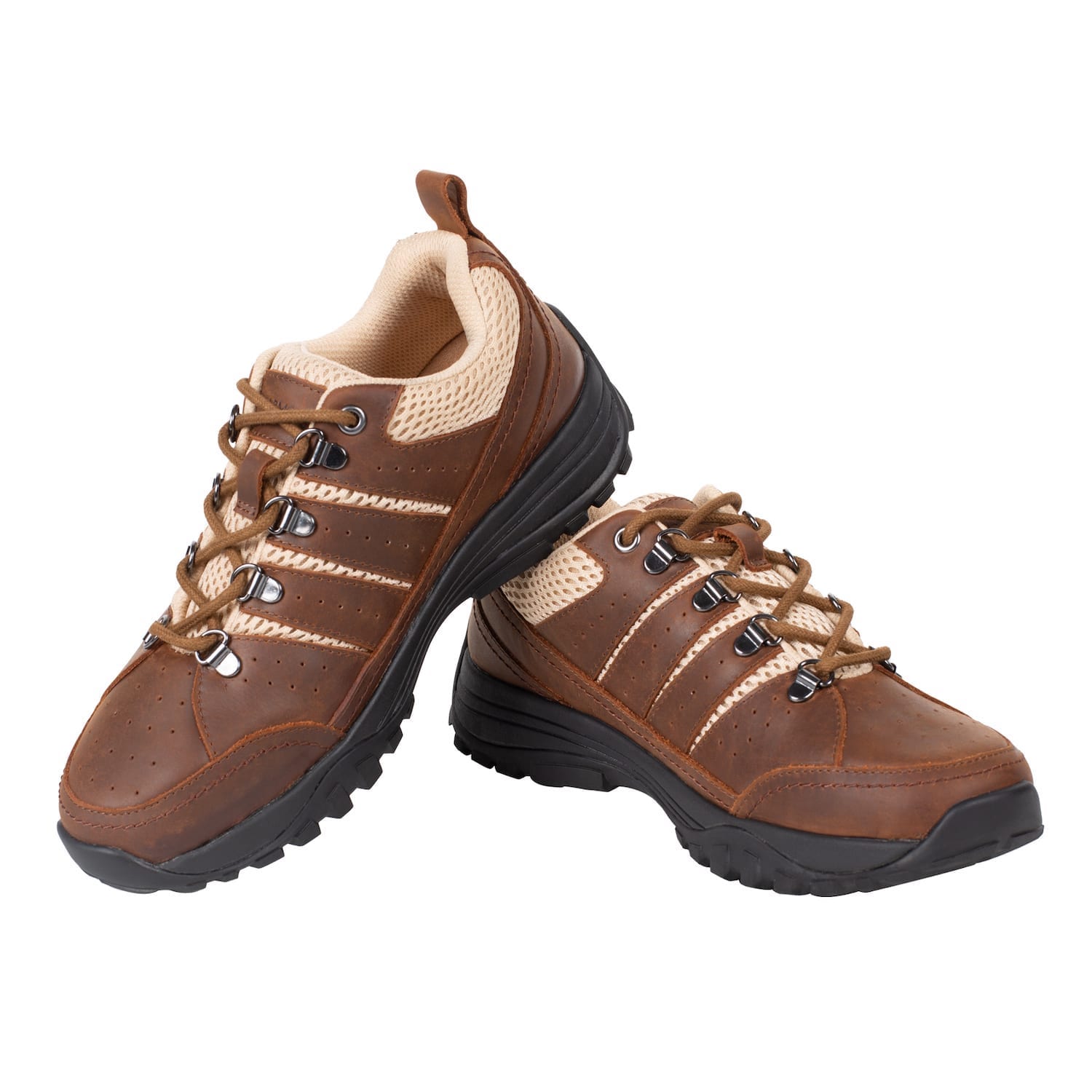 Stacked view of the Bailey brown leather and creme mesh grounding trail shoe