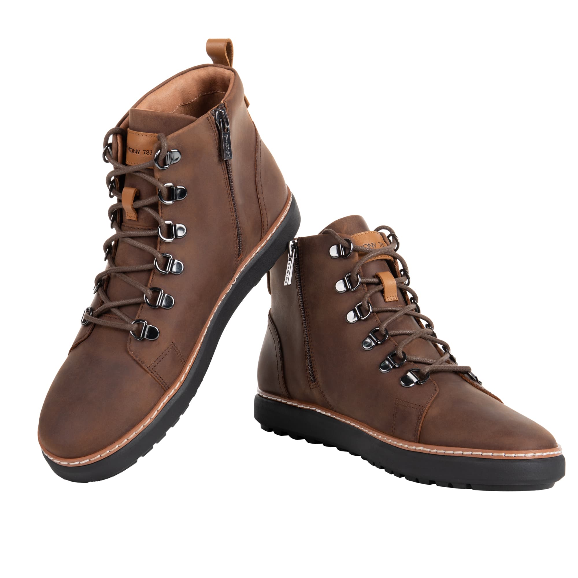 Stacked view of zip up brown leather grounding high top for men and women