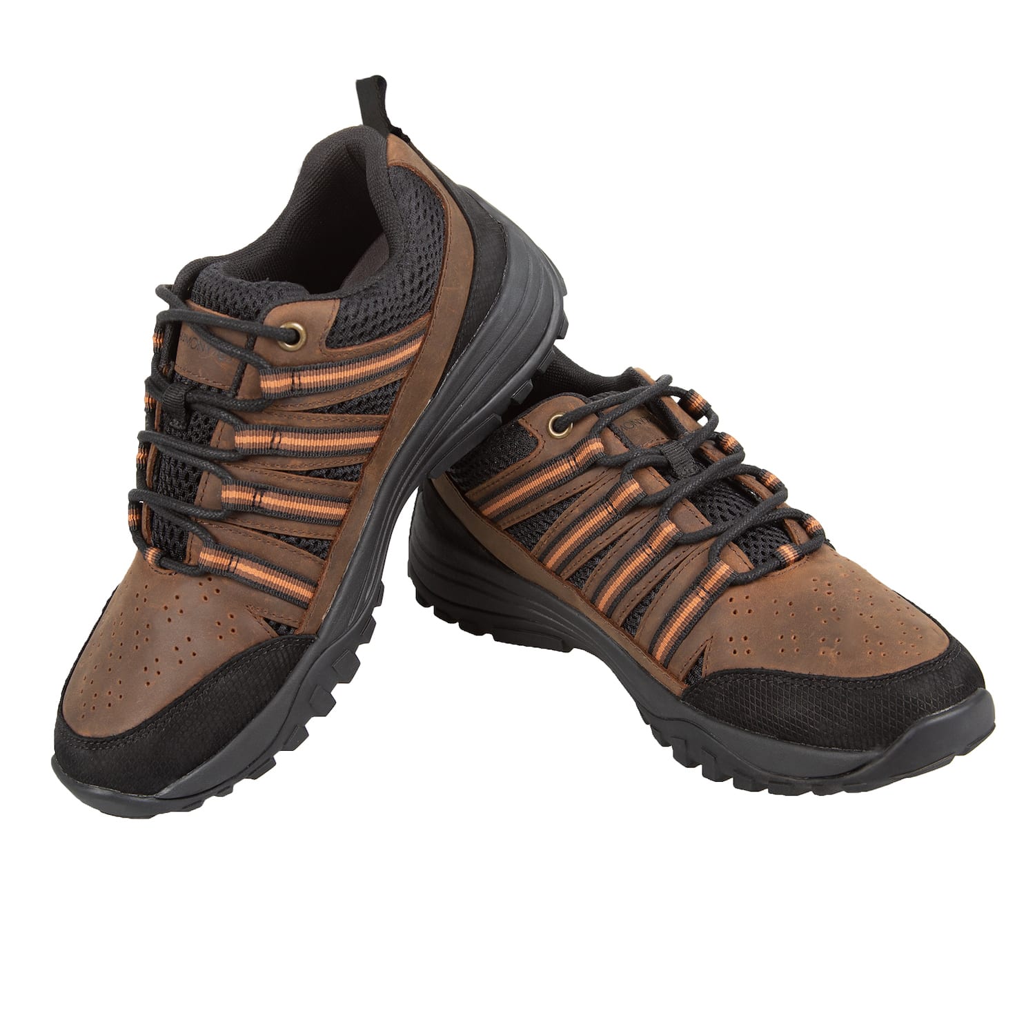 Stacked view of the Jesse Trail Shoe made with brown leather and black mesh for grounding and earthing