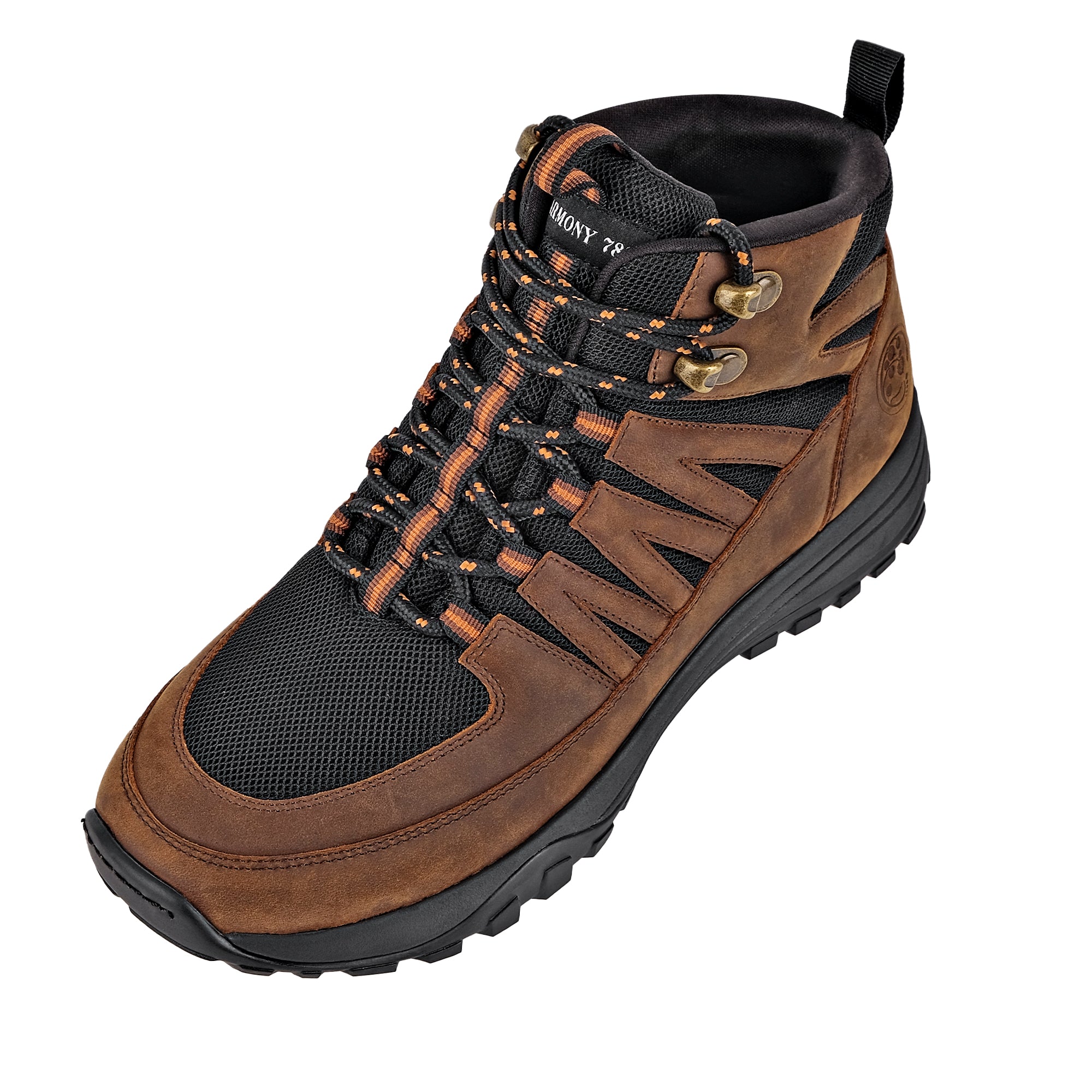 hero side angle view of Jesse High Top Trail Shoe for grounding brown leather and black mesh