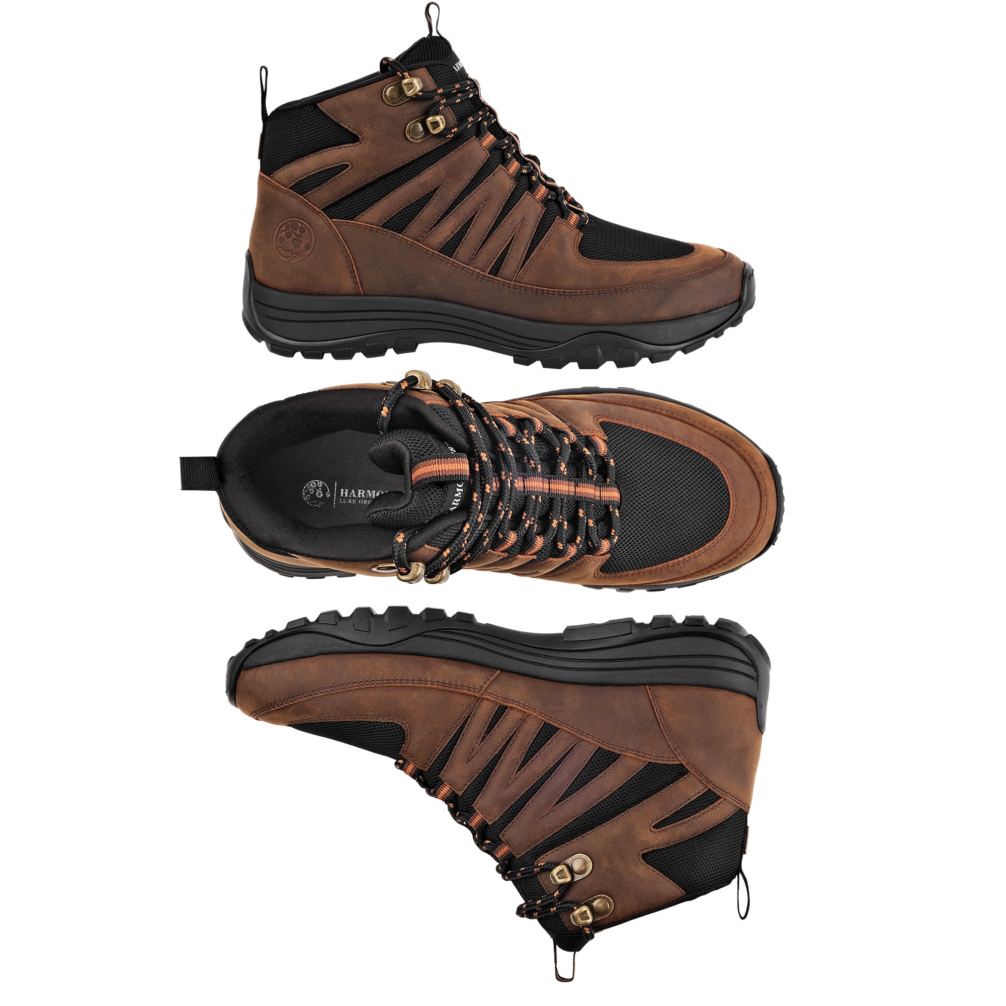 Multi-view of high top grounding trail shoe brown leather and black mesh