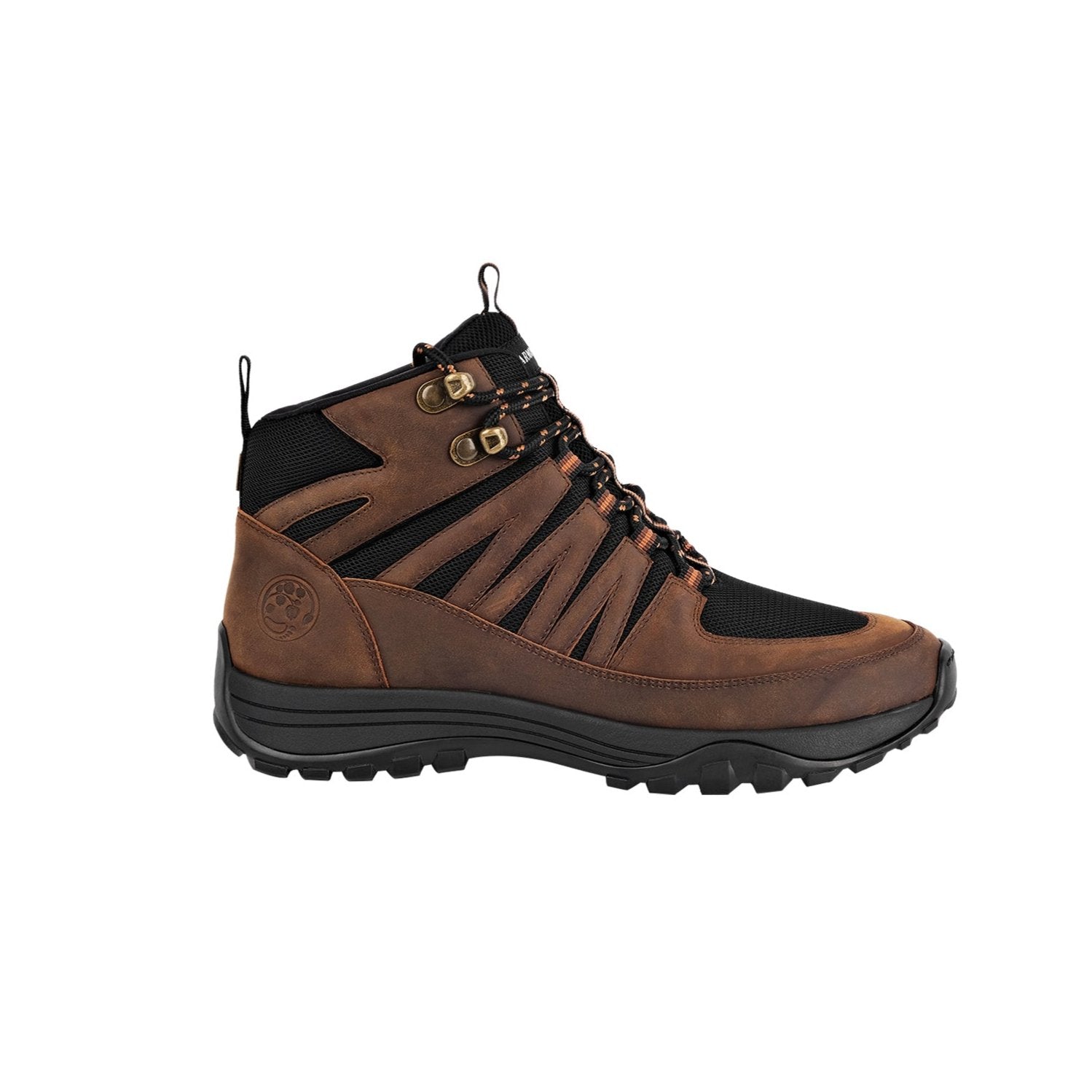 Profile side view of the brown leather high top trail shoe for grounding