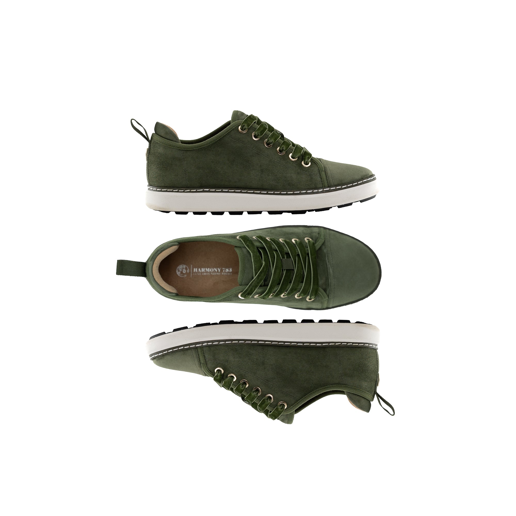 three view of the charlotte olive green suede walker