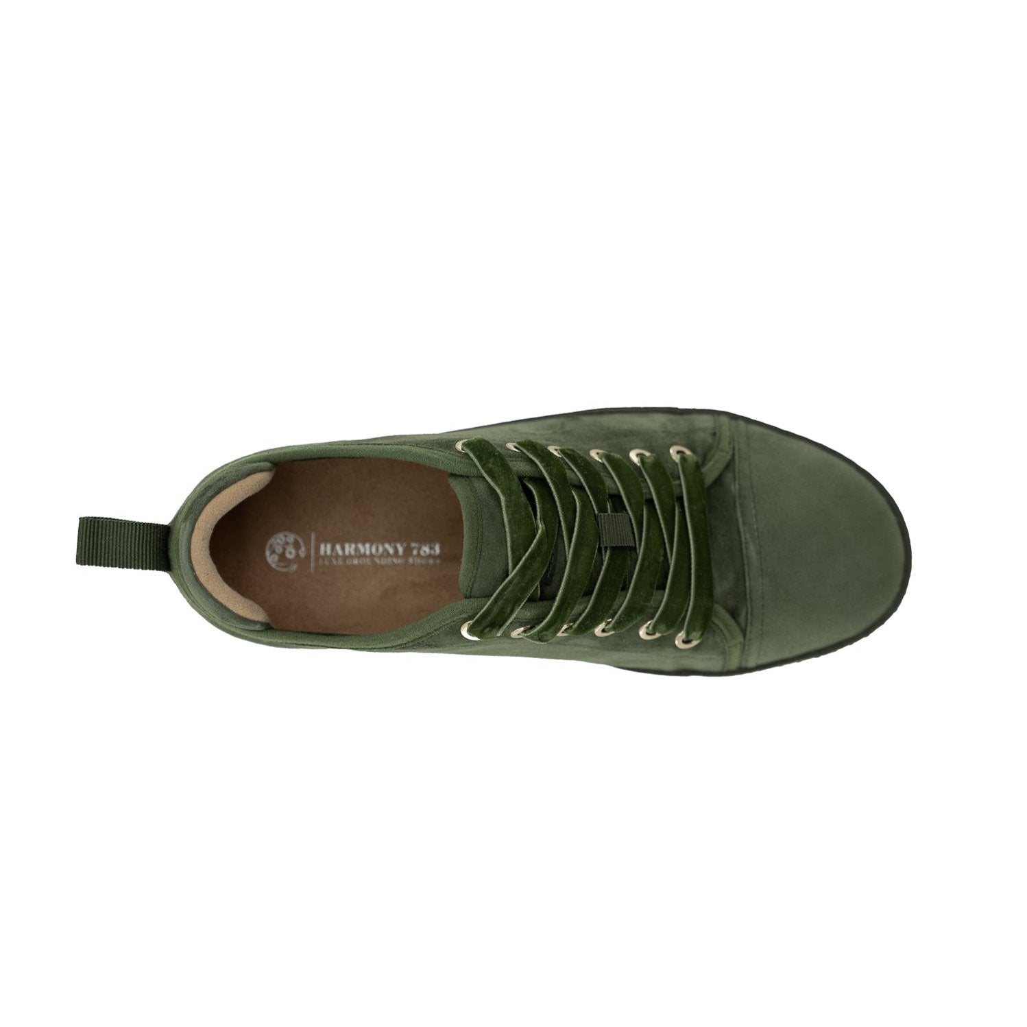 Top down view of the charlotte olive green suede grounding walker with velvet laces