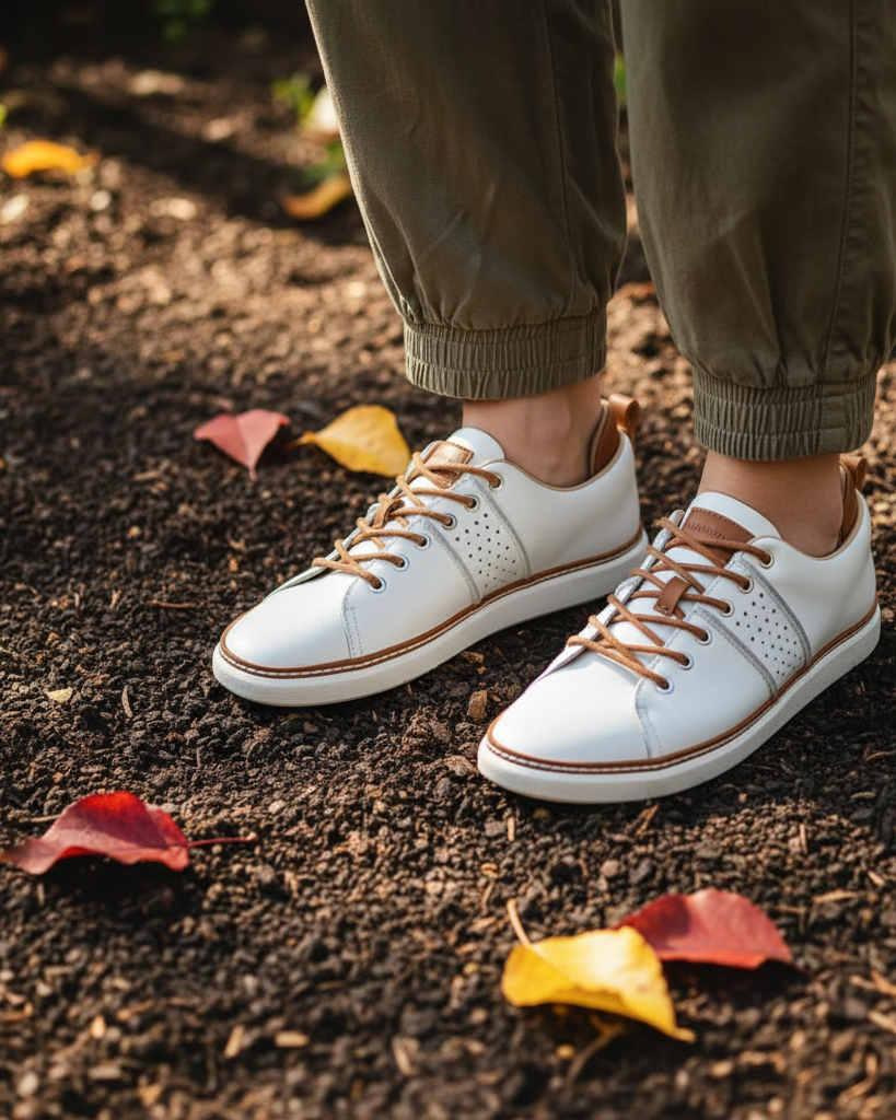 woman wearing Harmony 783 grounding white walker on dirt in fall