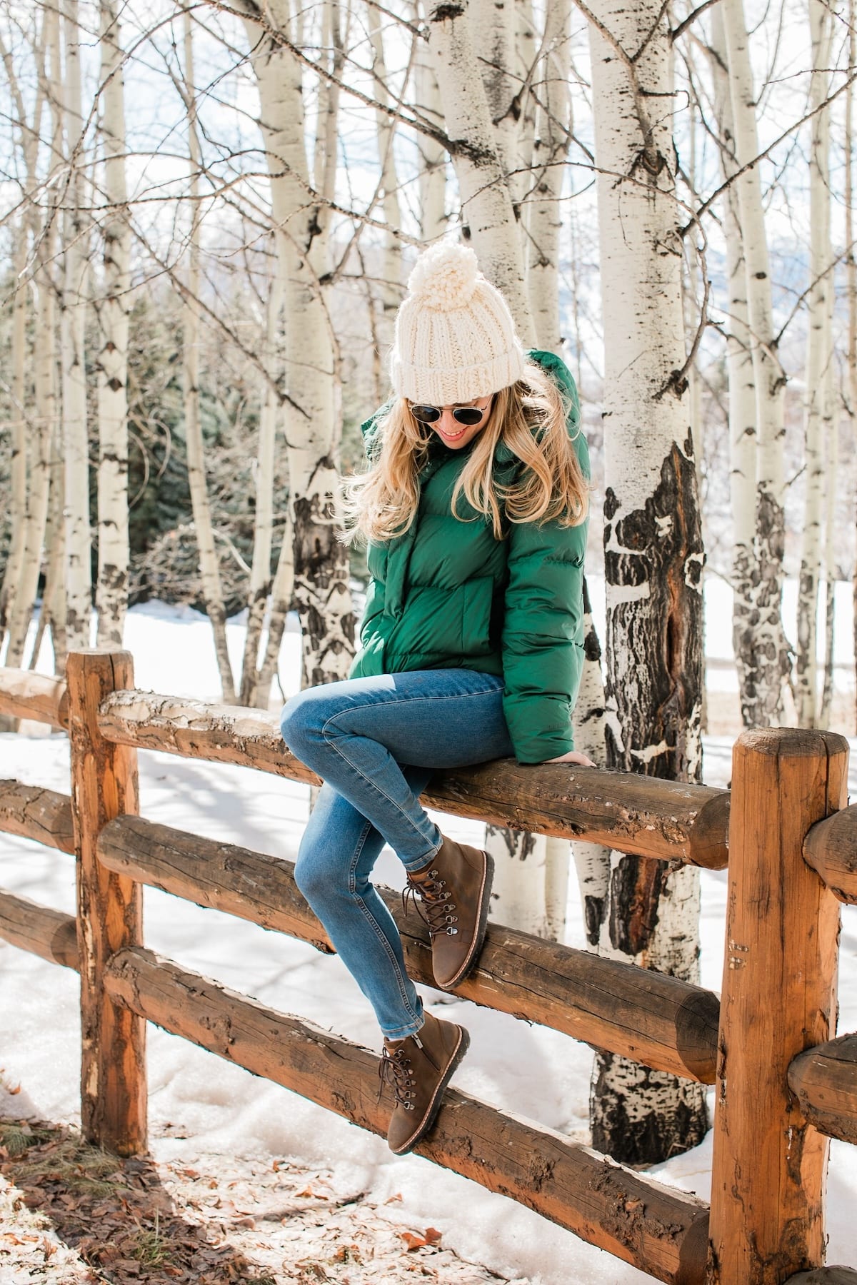 Woman wearing Brown leather high top grounding shoe in winter