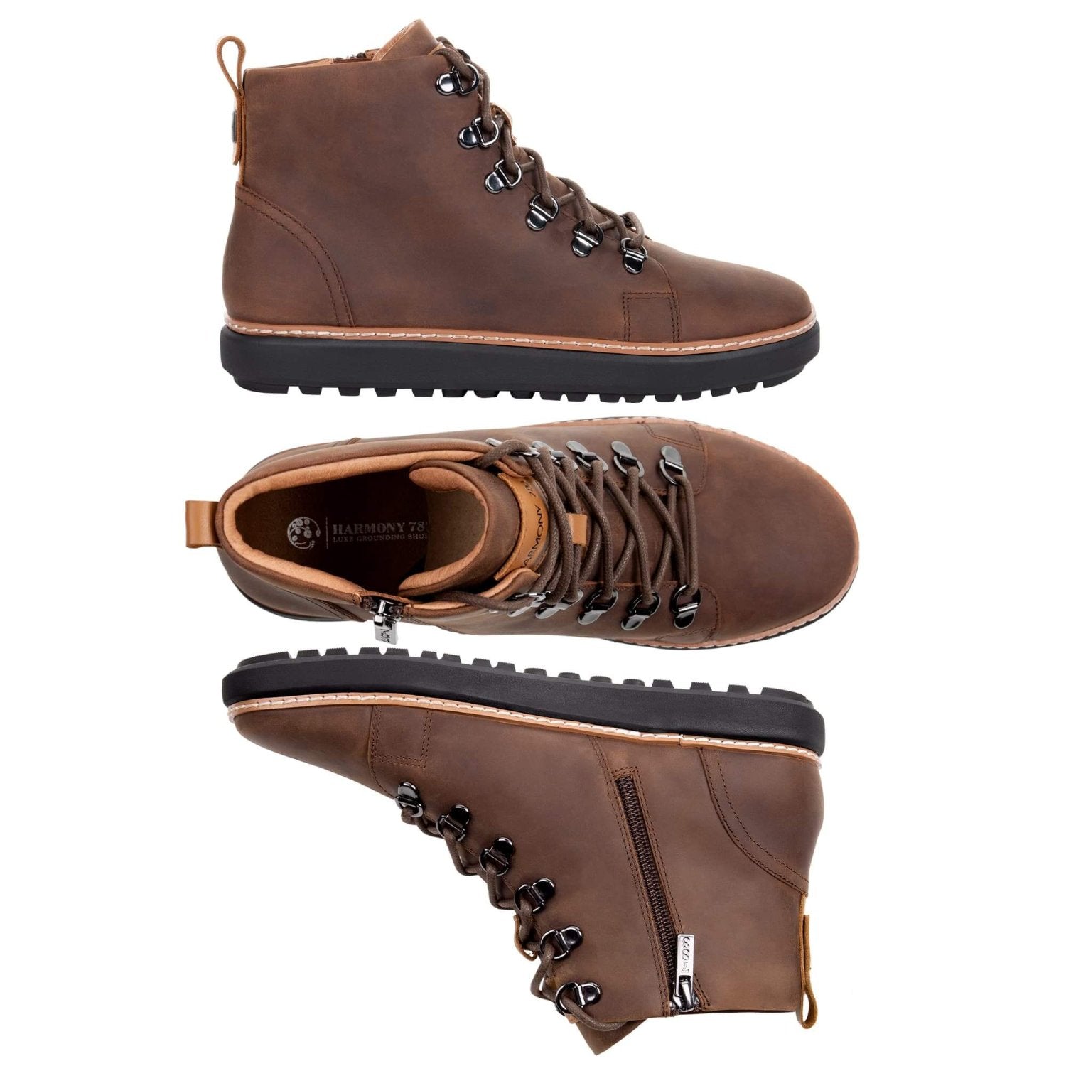 Men and women's brown leather grounding hiking boot multiple views example of shoe you can put the black and cognac shoelace in