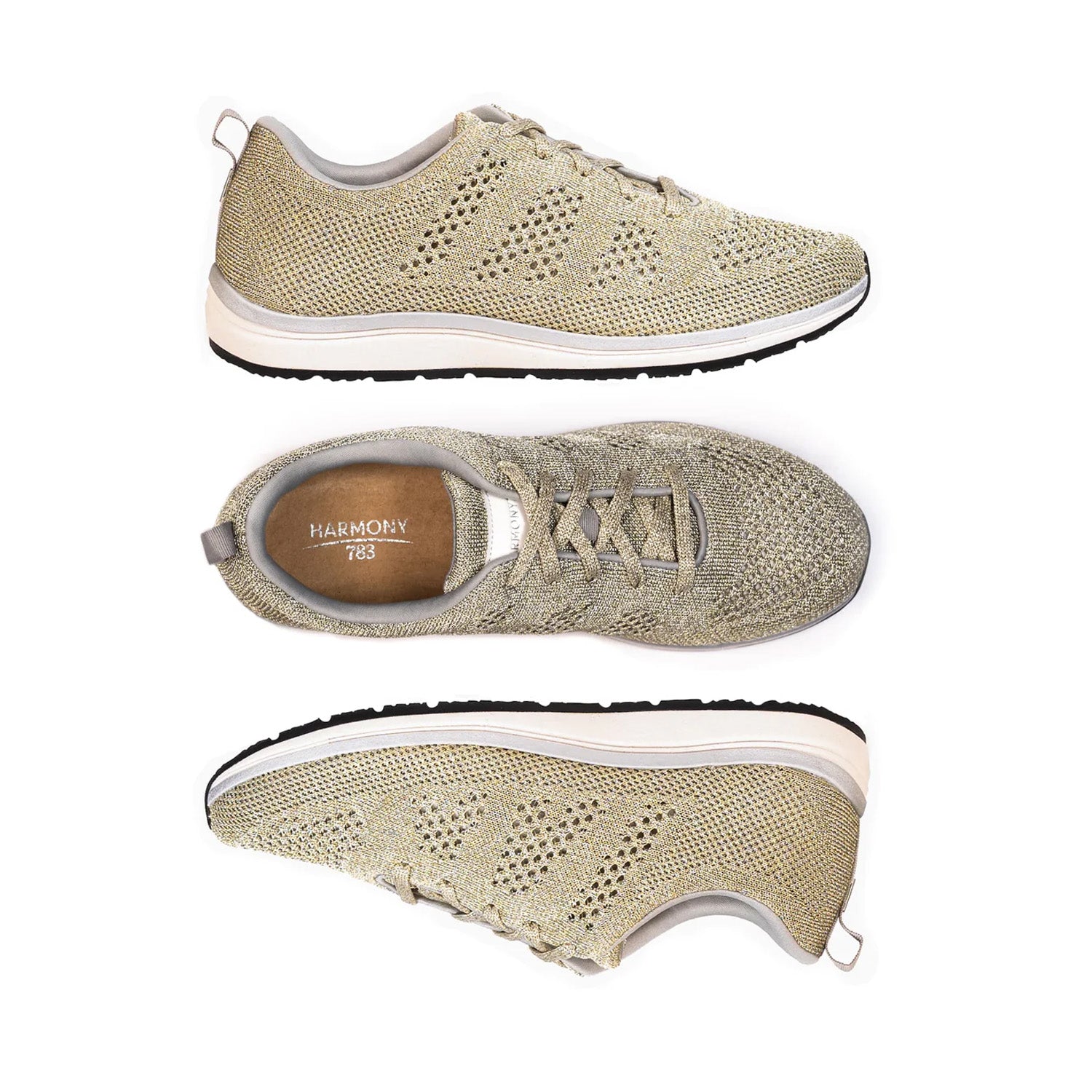 Multi-View of metallic, sparkly Platinum Knit grounding lace-up sneakers with sparkly metallic lace