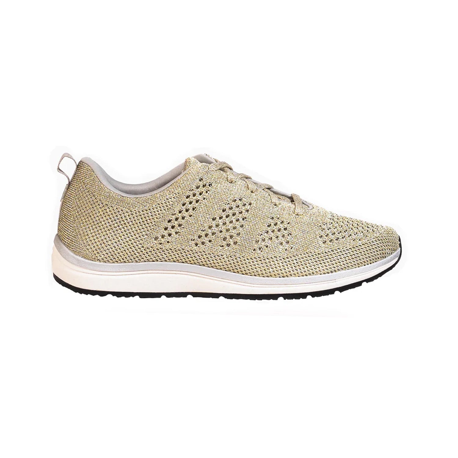 Profile side view of Platinum Knit sparkly metallic grounding lace-up for women