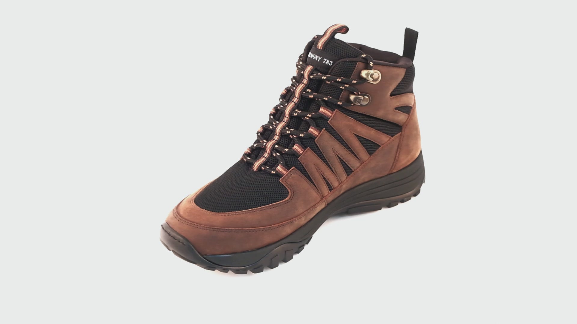 360 view of the Jesse High Top Trail Shoe in Brown Leather and Black Mesh