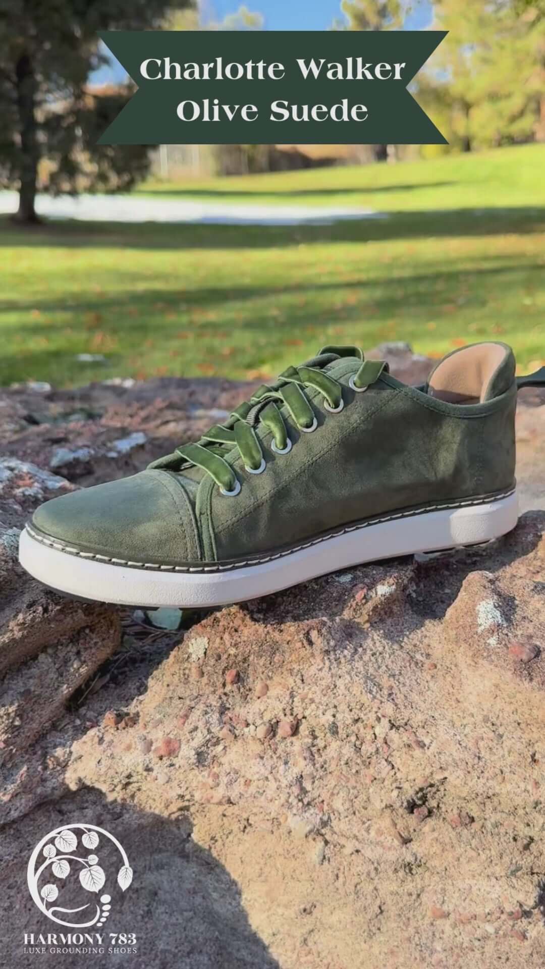 Close-up of the Emerson walking shoes for grounding sitting on a rock