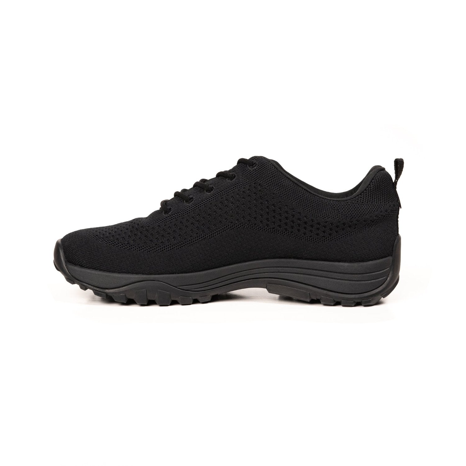 Outside profile view of black bamboo grounding knit sneaker