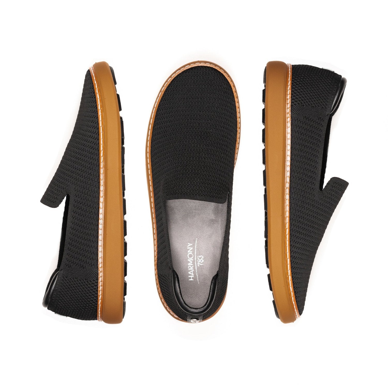 Multi view of black bamboo knit grounding slip on with cognac midsole