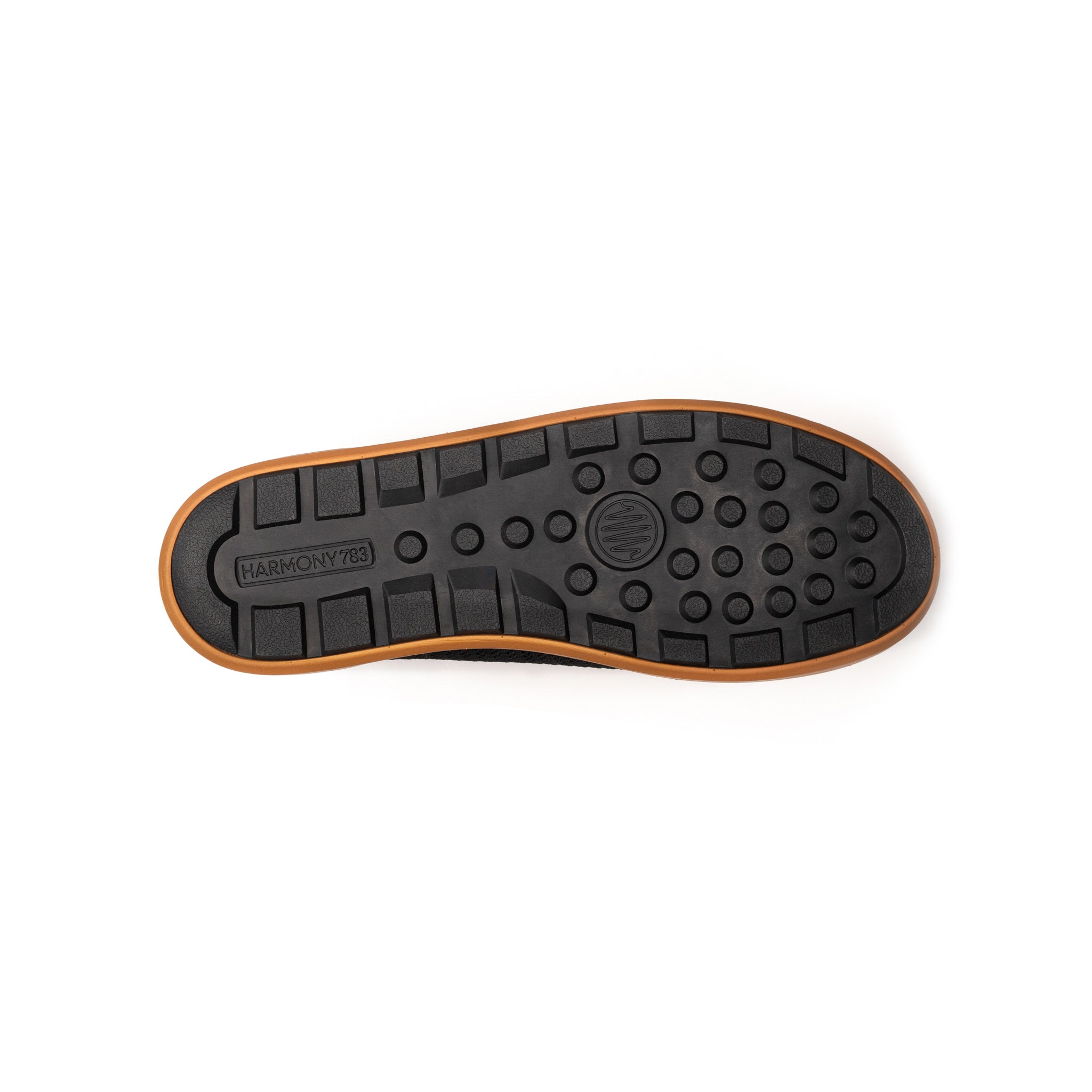 Sole view of black and cognac grounding bamboo slip-on