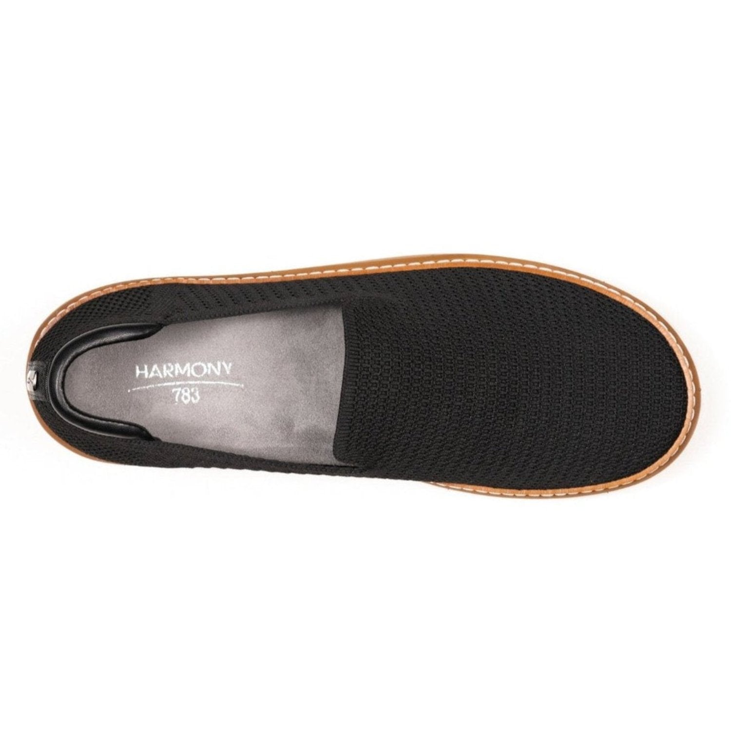 Top view of black and cognac knit grounding slip-on