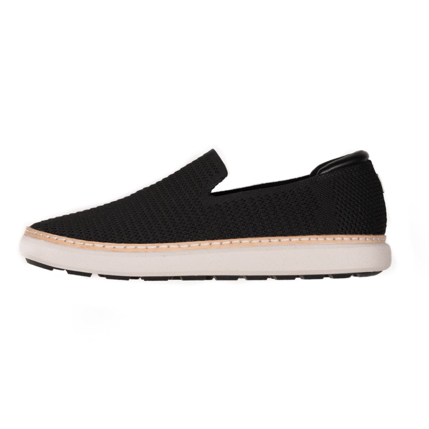 Profile view outside black and white grounding bamboo knit slip-on