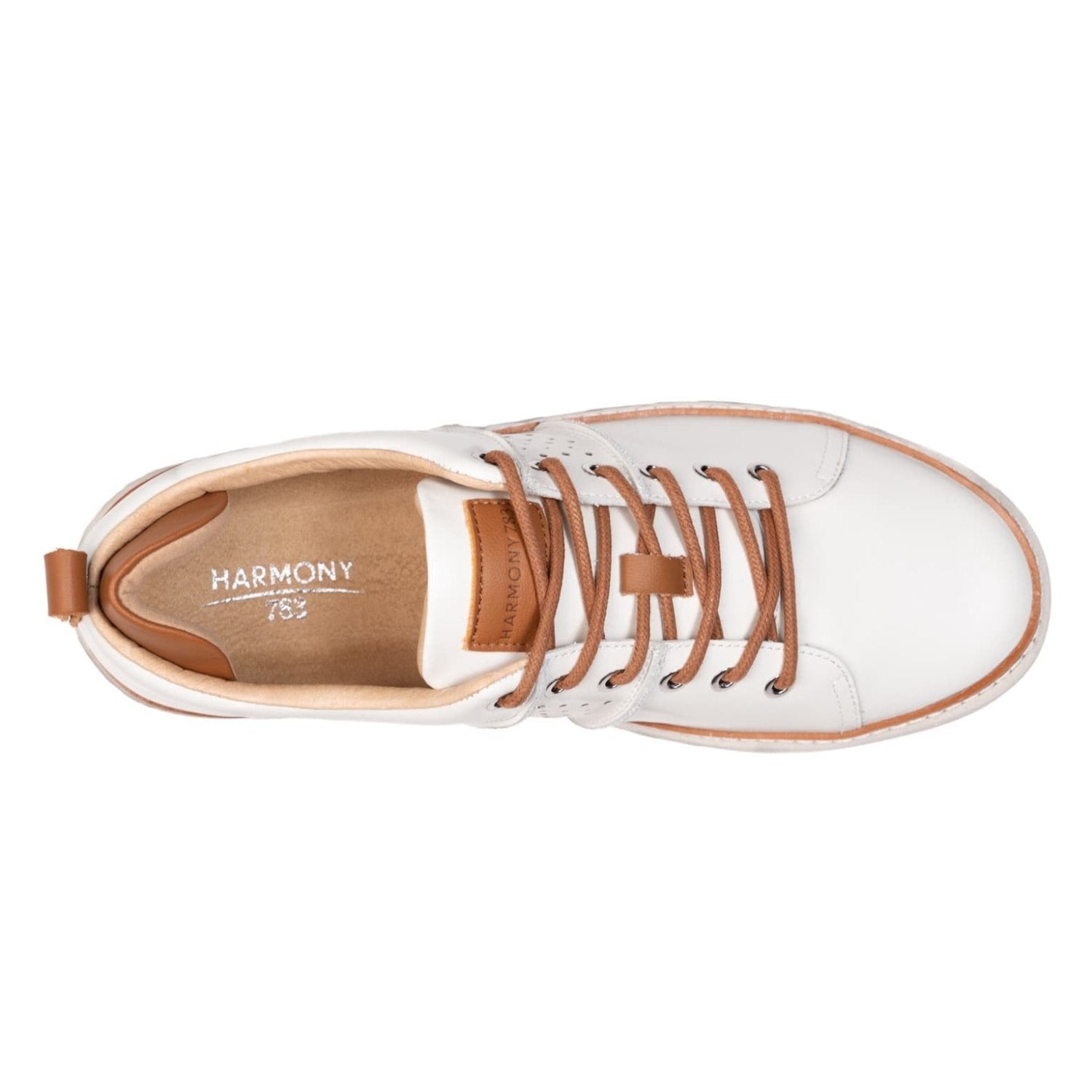 Round cognac cotton shoelace example in white leather grounding walking shoe