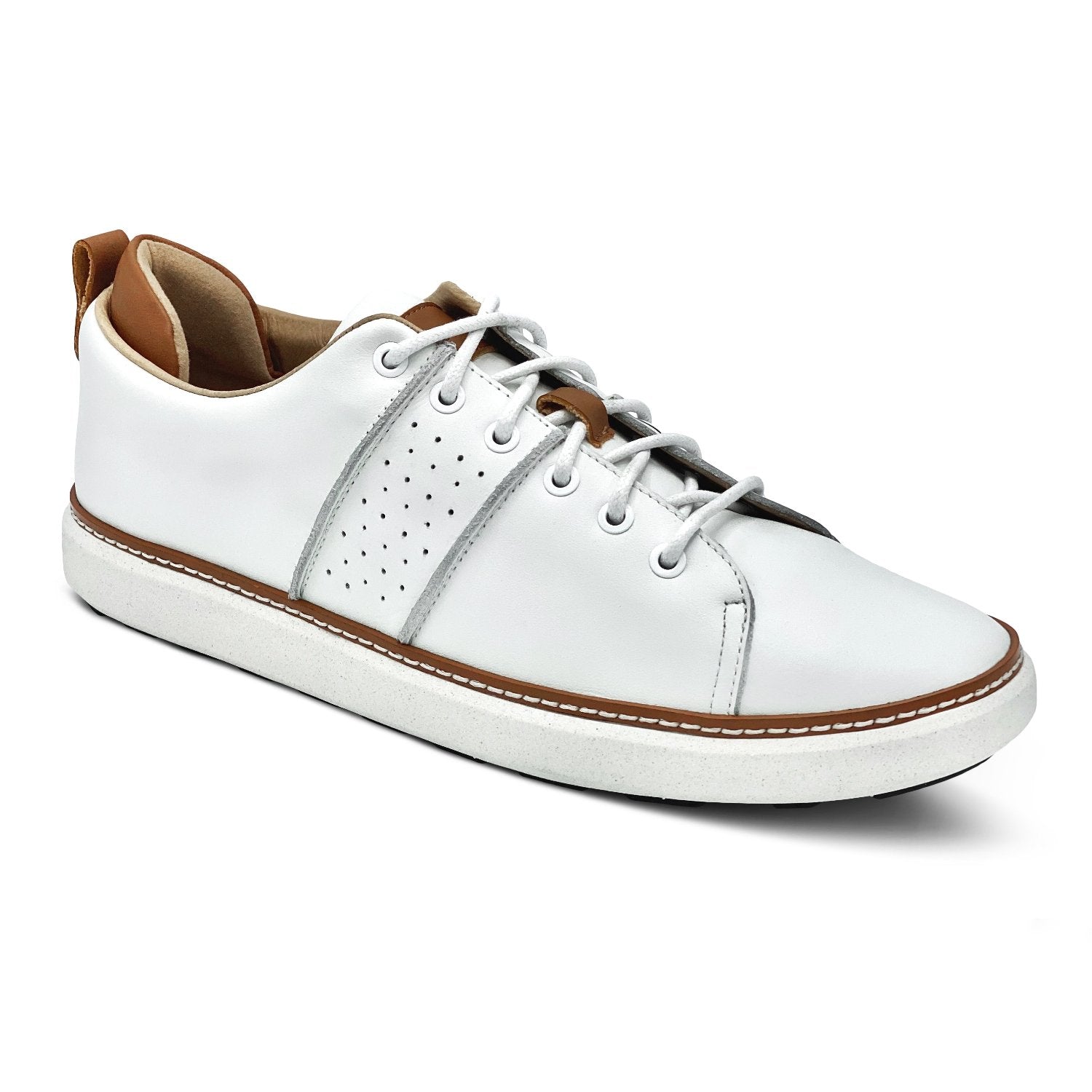 Category angled view of the white leather grounding walking shoe with white laces