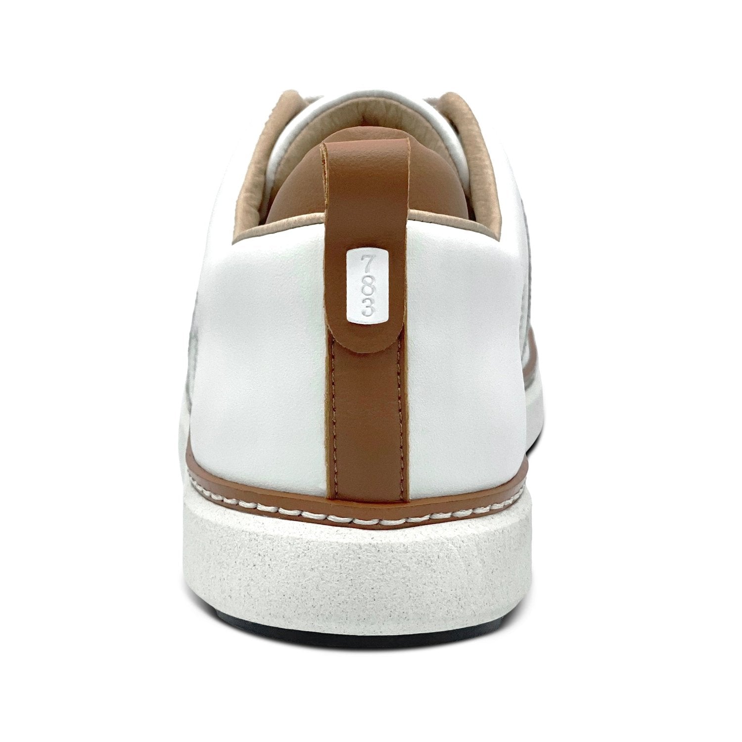 Heel view of the white leather walking shoe for grounding