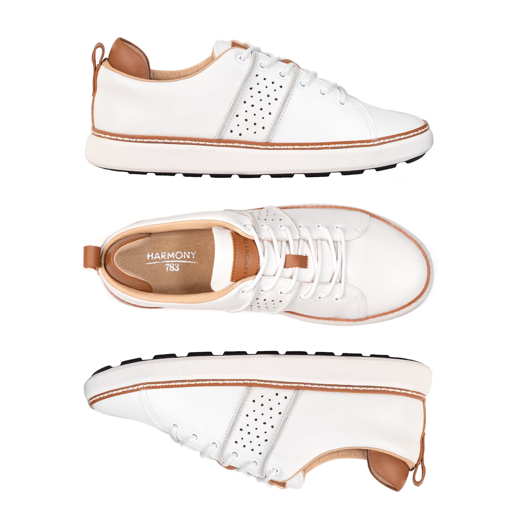 White leather walking shoes for grounding three views