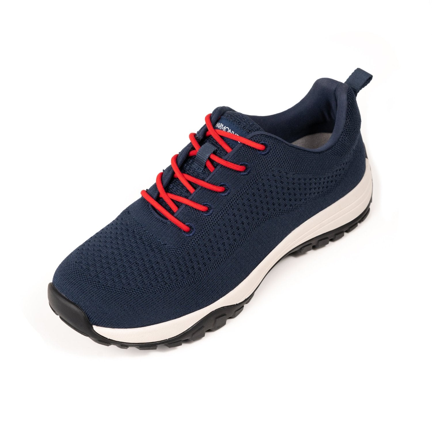 Men's Women's Unisex Navy Bamboo Grounding Sneaker Hero Image with Red Laces