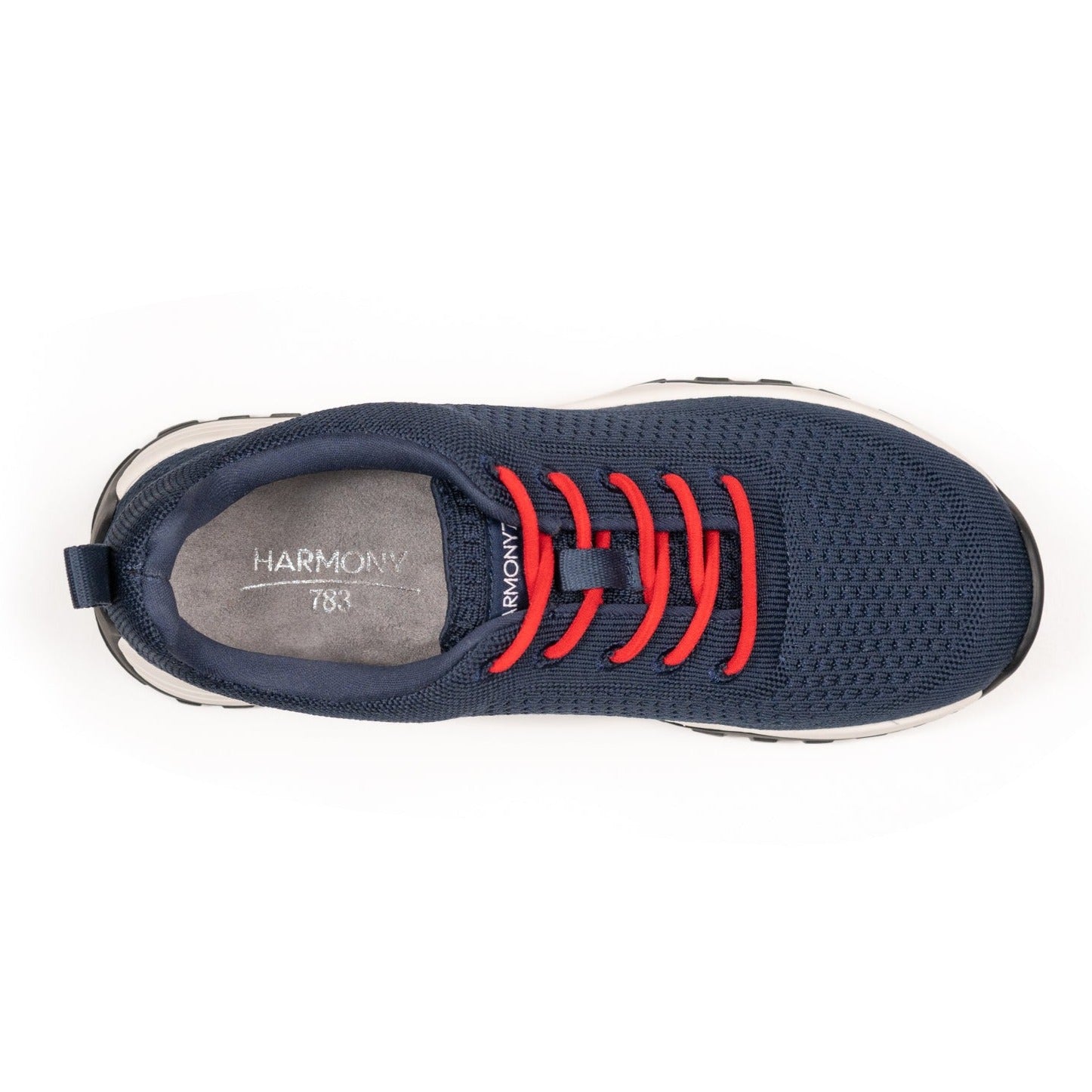 Navy bamboo knit grounding sneaker with red nylon lace