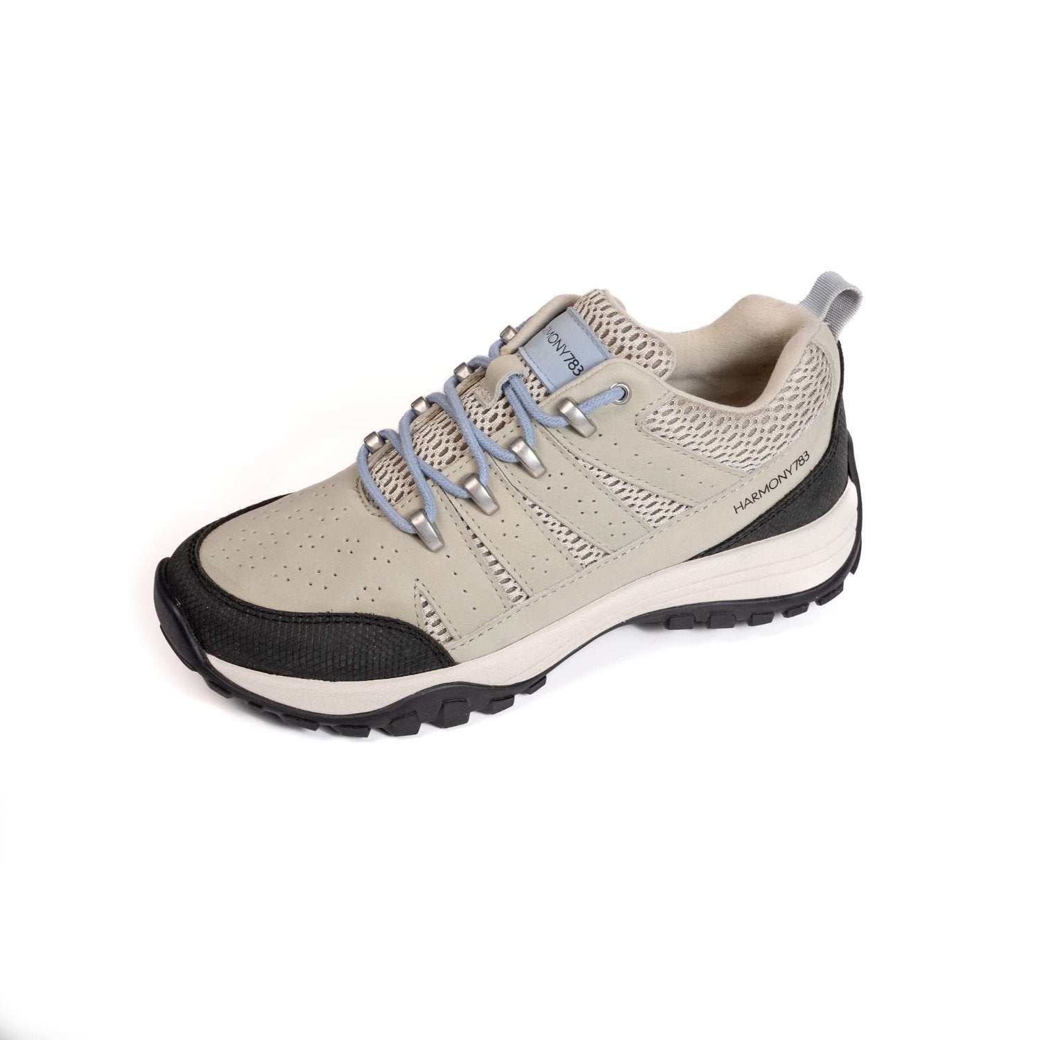 Periwinkle cotton shoelace in grounding trail shoe