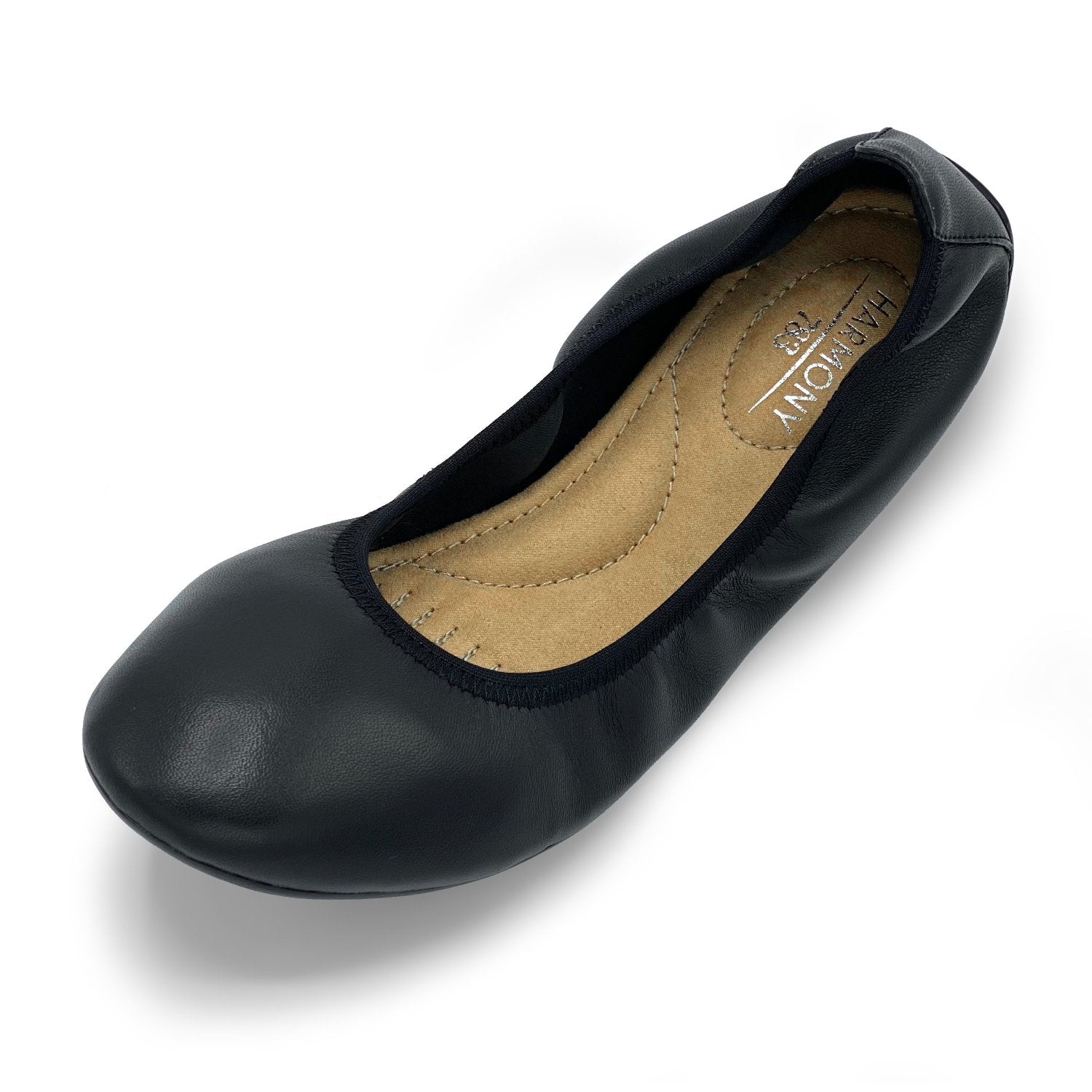 hero angled view of black leather grounding ballet flat for earthing