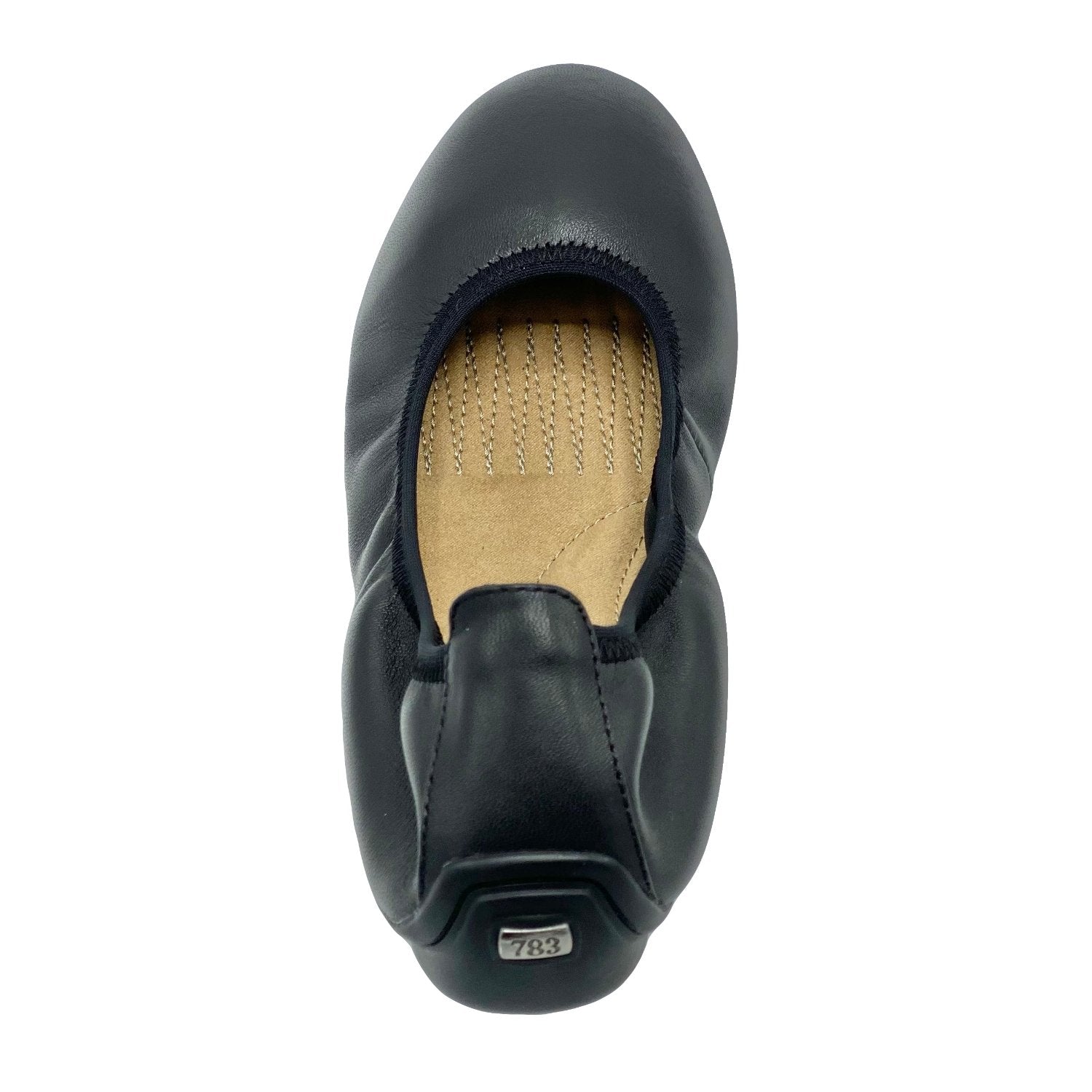 top and interior view of black leather grounding ballet flat