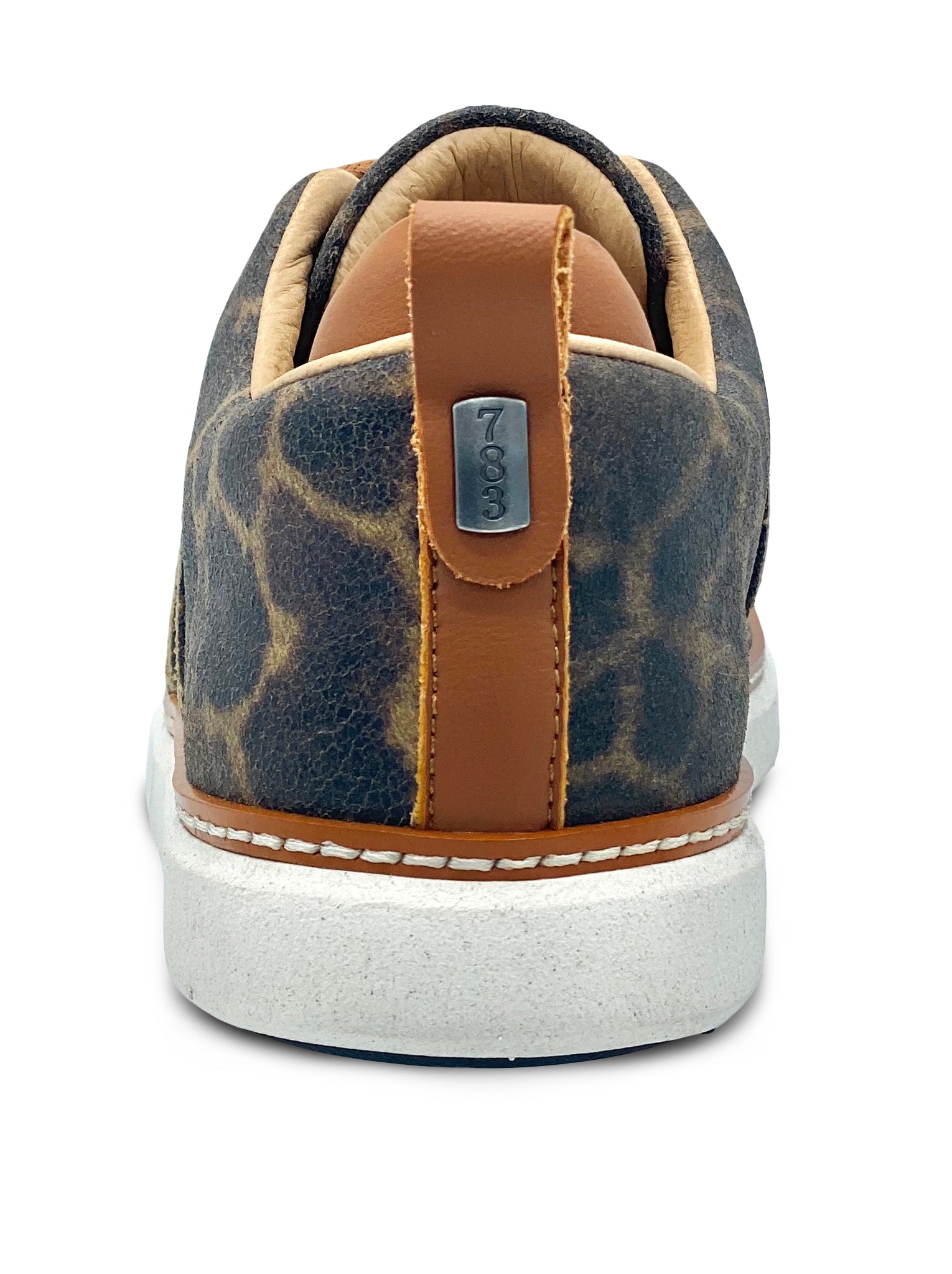 Heel view of the giraffe print leather grounding shoe