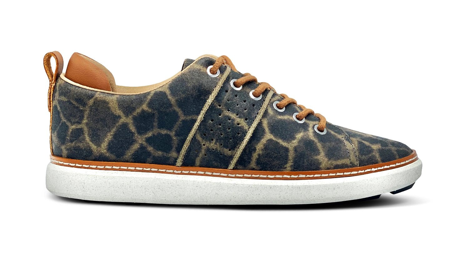 profile view of giraffe print leather grounding walking shoe