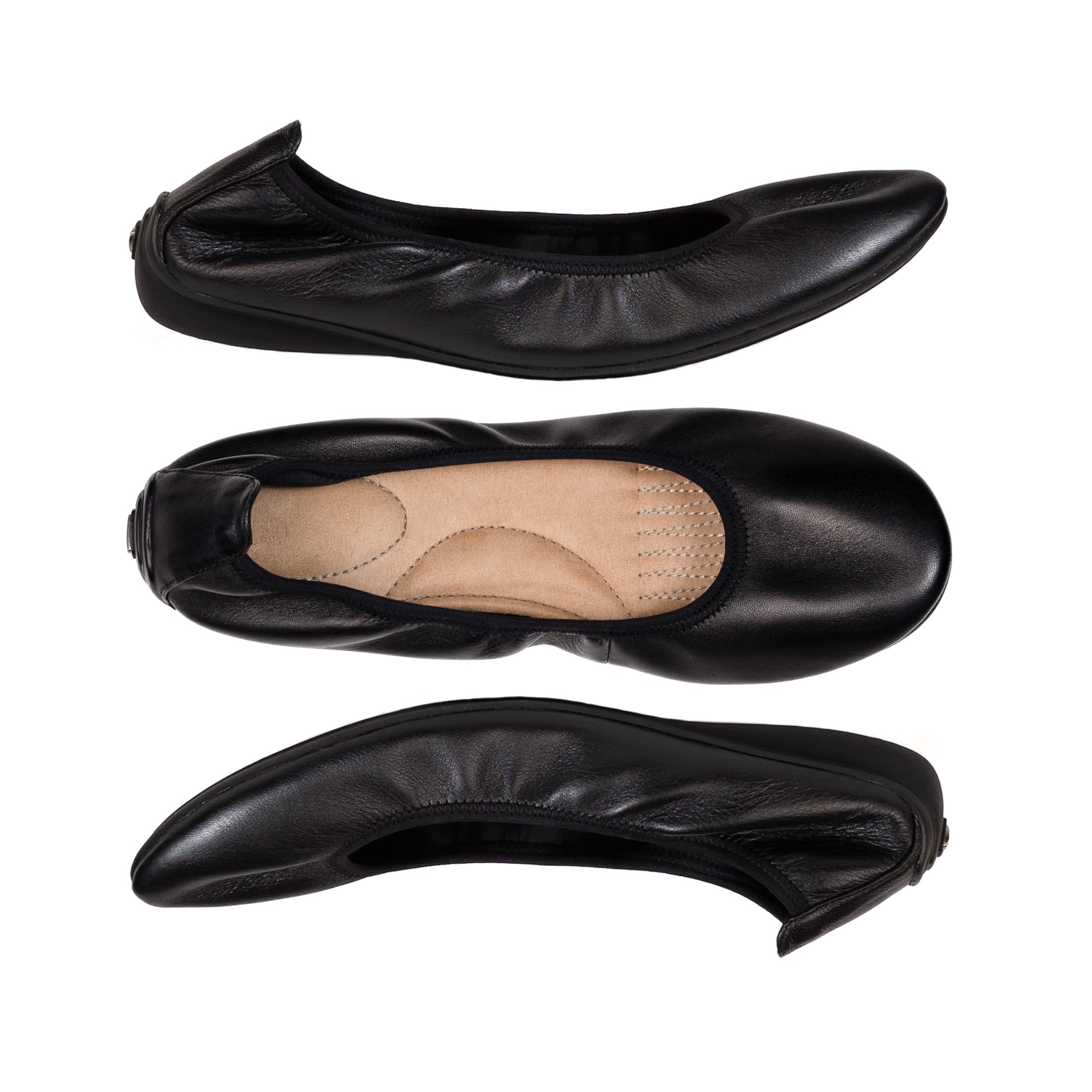 Multiple views of the black leather grounding ballet flat