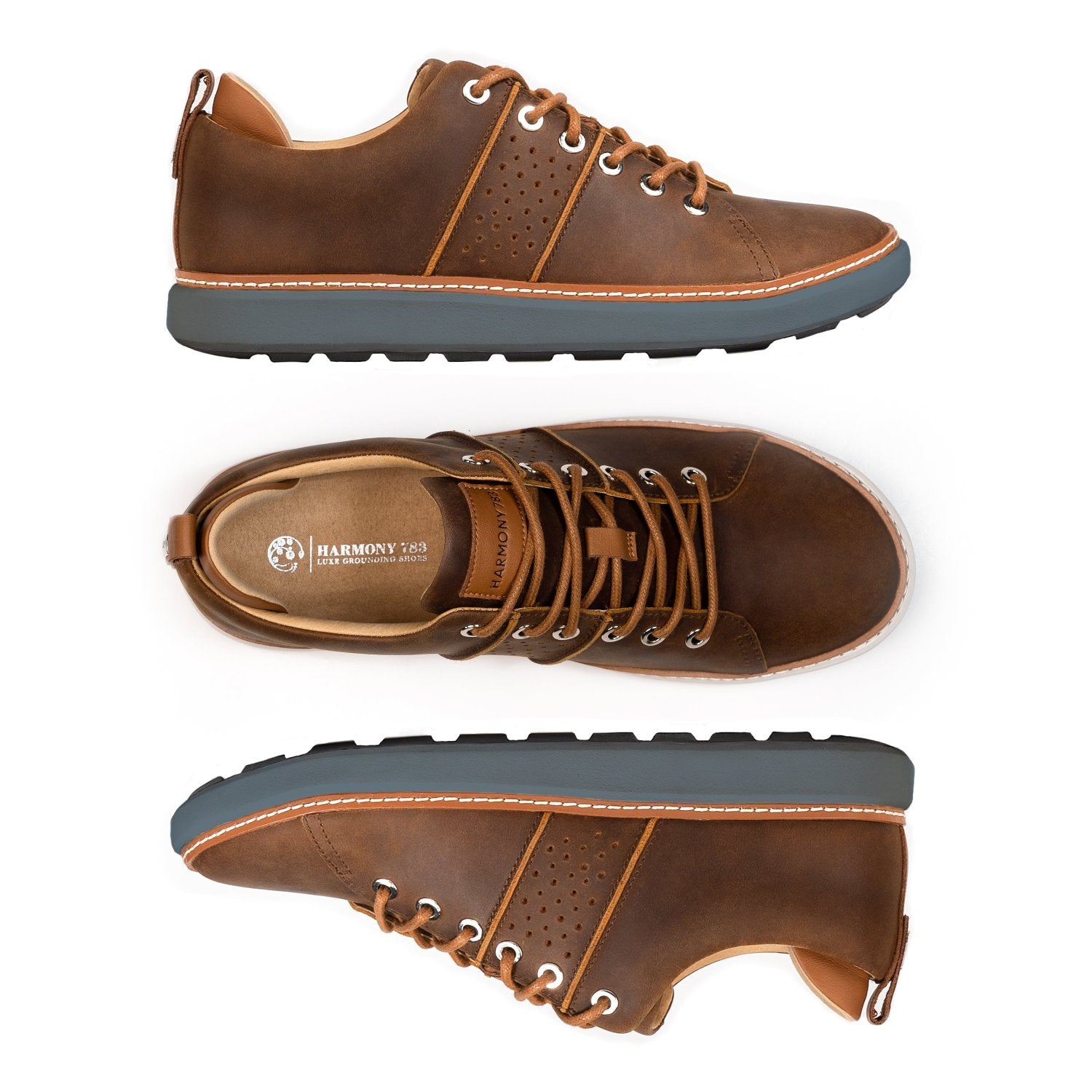 Multiple views of the brown leather earthing walking shoes with grey soles