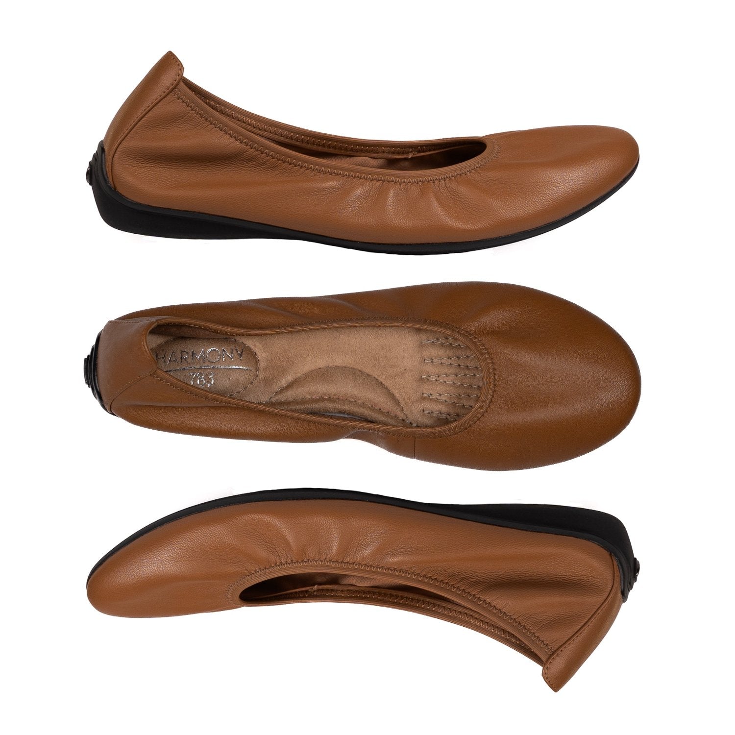 multi-view of the cognac leather ballet flat for grounding and earthing